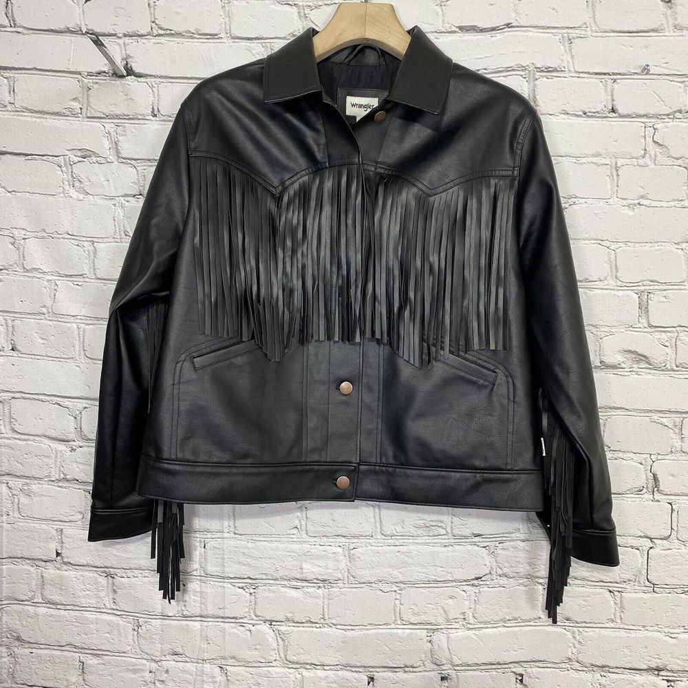 Wrangler Women's Wild Oversized Faux Leather Fringe Jacket Black‎ Size M Lined